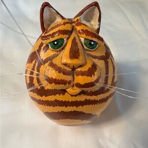 Vintage 1990s Signed Vicki Thomas Orange Tiger Cat Gourd Figurine